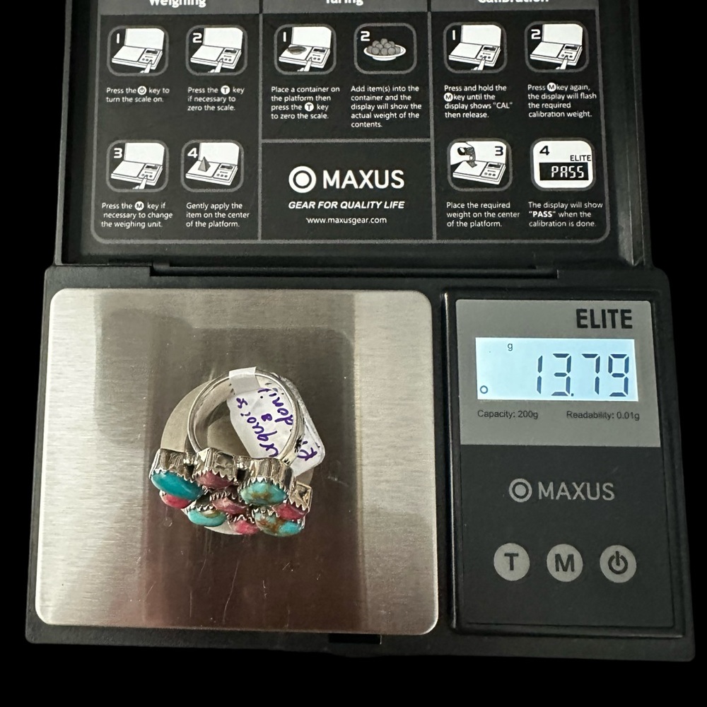 Turquoise & Rhodochrosite Solid Sterling Silver Ring - Picture 7 of 9